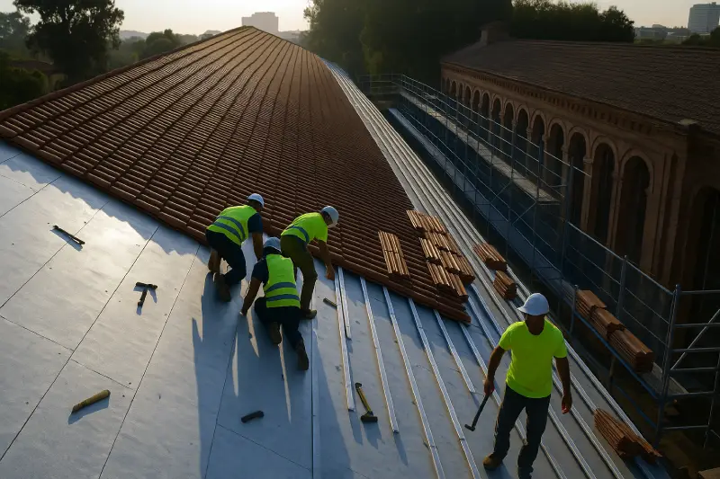 Albañiles trabajando en la reparación de una cubierta